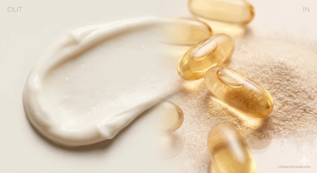 A imagem é uma fotografia conceitual de beleza dividida. No canto superior esquerdo, está a palavra 'OUT'. O lado esquerdo mostra um grande esfregaço de creme facial branco e suave sobre um fundo claro. No canto superior direito, está a palavra 'IN'. O lado direito exibe várias cápsulas gelatinosas translúcidas e douradas derramadas sobre uma textura granular de pó de colágeno bege. A iluminação é suave e luxuosa, destacando as texturas.