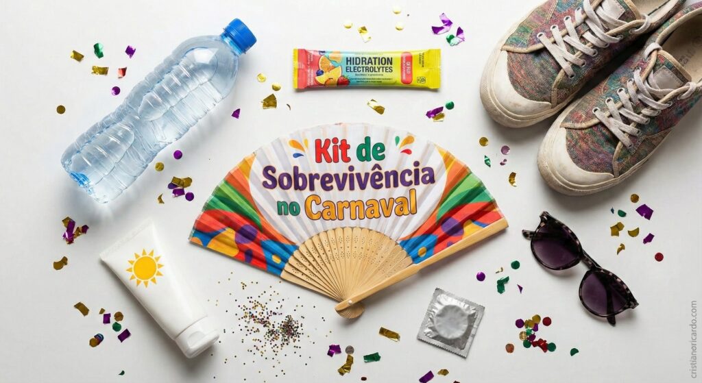 Uma fotografia em ângulo superior (flat-lay) sobre um fundo branco, exibindo um "Kit de Sobrevivência no Carnaval". No centro, destaca-se um leque aberto com a frase "Kit de Sobrevivência no Carnaval". Ao redor dele, estão organizados itens essenciais para a festa: uma garrafa de água mineral, um sachê colorido de eletrólitos, um tubo de protetor solar, um par de tênis brancos, óculos de sol e um preservativo em embalagem prateada. Confetes coloridos e glitter estão espalhados por toda a superfície, conferindo um visual vibrante e festivo à composição.