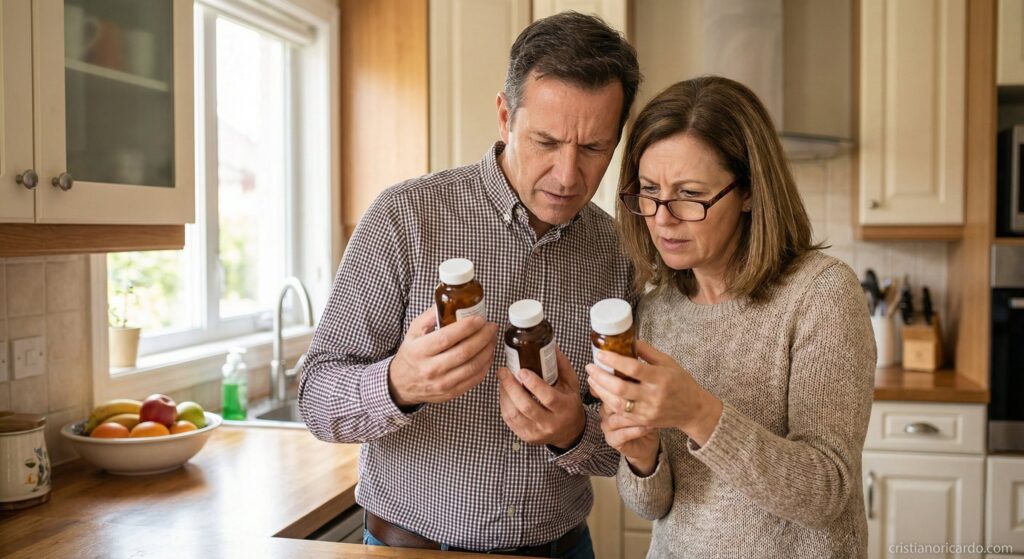 Foto realista de um casal de meia-idade, um homem e uma mulher, em pé em uma cozinha bem iluminada pela luz do dia. Eles seguram três frascos de remédios diferentes nas mãos e observam os rótulos com expressões de dúvida e concentração, apertando os olhos como se tivessem dificuldade para ler as letras pequenas ou entender as instruções.