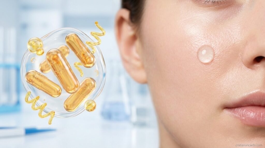 Imagem conceitual que conecta saúde intestinal e cuidados com a pele. À esquerda, uma esfera translúcida flutuante contém cápsulas douradas brilhantes de probióticos e formas espirais abstratas, contra um fundo clínico e de laboratório desfocado em tons de azul e branco. À direita, um close-up da lateral do rosto de uma mulher com pele impecável, iluminada e hidratada, destacando uma única gota redonda e transparente de sérum em sua bochecha.