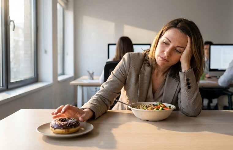 Uma fotografia em plano médio de uma mulher cansada em um escritório moderno, com a luz do sol da tarde entrando por uma janela. Ela está sentada em uma mesa, com a cabeça apoiada na mão direita e os olhos baixos, mostrando fadiga. Sua mão esquerda estende-se em direção a um donut de chocolate com confeitos em um prato, enquanto uma tigela de salada saudável está ao lado. Outras pessoas desfocadas trabalham ao fundo.