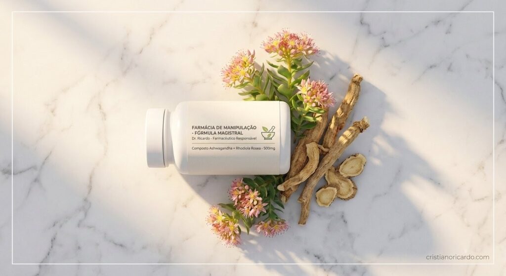 Uma fotografia plana e em ângulo superior mostra um frasco branco de farmácia de manipulação posicionado horizontalmente no centro sobre uma superfície de mármore branco com veios cinza. O frasco tem um rótulo branco com texto preto que lê: "FARMÁCIA DE MANIPULAÇÃO - FÓRMULA MAGISTRAL", "Dr. Ricardo - Farmacêutico Responsável", "Composto Ashwagandha + Rhodiola Rosea - 500mg" e um pequeno ícone verde de almofariz e pilão. Ao redor e por baixo do frasco estão dispostos pedaços secos e texturizados de raízes de Ashwagandha marrons, alguns inteiros e outros fatiados. Misturados com as raízes estão pequenos cachos de flores de Rhodiola Rosea, com pétalas rosadas e amarelas e folhas verdes suculentas. A luz solar natural e suave incide da esquerda, lançando sombras delicadas sobre os objetos e o mármore.